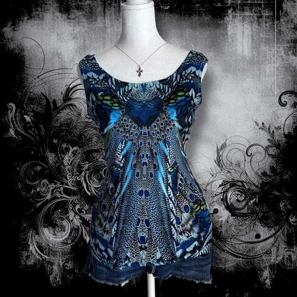 electric blue symmetrical peacock-feather sleeveless top